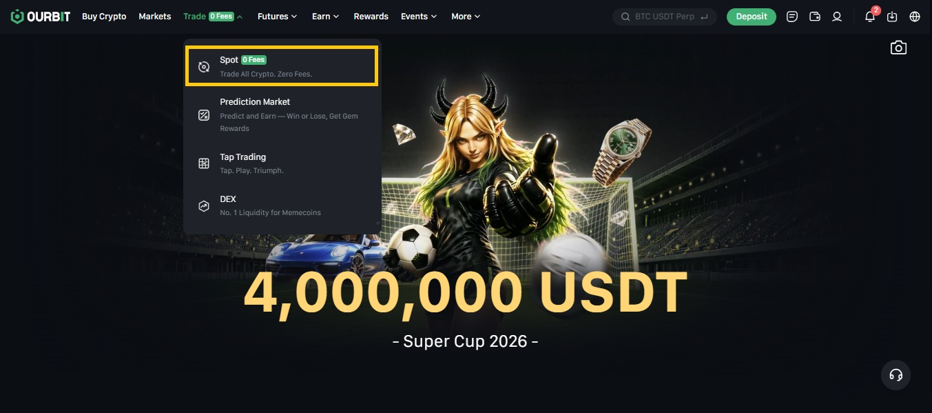 انتخاب Trade و Spot برای ورود به بازار اسپات اوربیت