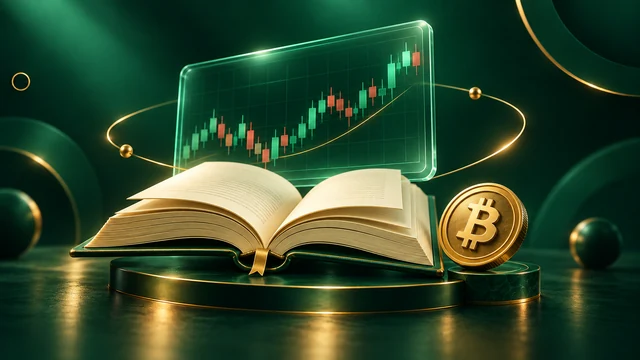 تصویر مفهومی یادگیری بازار رمزارز؛ کتاب، نمودار و بیتکوین
