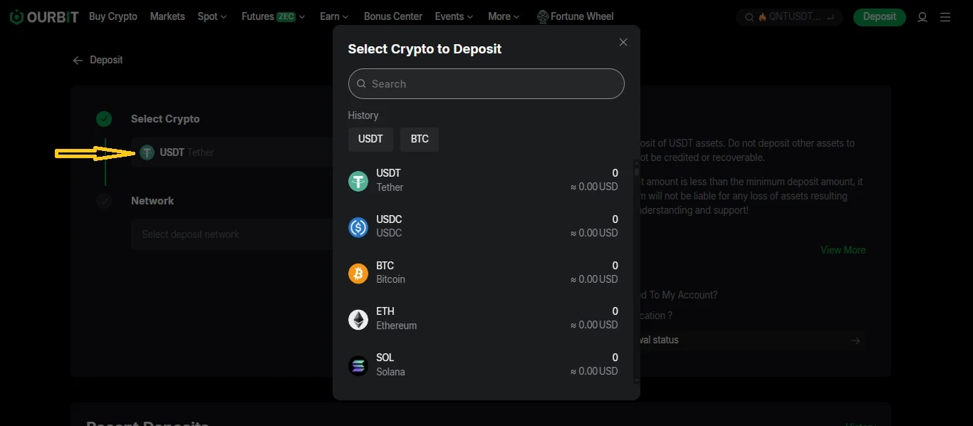 جستوجو و انتخاب USDT در فهرست ارزهای واریزی