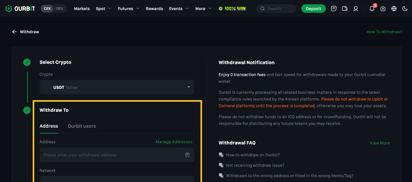 انتخاب Address یا Ourbit Users در فرم برداشت